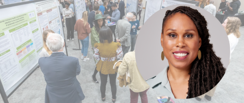 Portrait of Dr. Oni Blackstock over a vew of the Global health Night poster fair