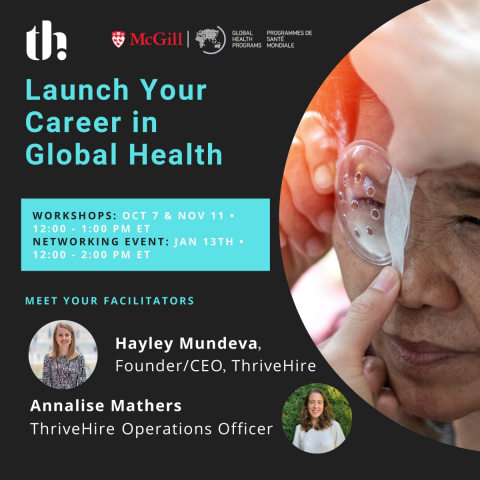 Event flyer - text: "Launch your career in global health"; Workshops Oct 7 & Nov 11 •12:00 - 1:00 Pm ET Networking Event: Jan 13th •12:00 - 2:00 Pm Et; Meet your facilitators: Hayley Mundeva, Founder/CEO, ThriveHire; Annalise Mathers, ThriveHire Operations Officer with facilitator headshots, GHP and ThriveHire logos and image of an older Asian woman getting an eypatch installed