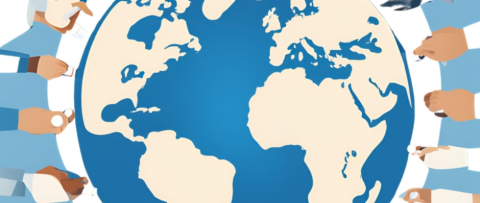 A globe surrounded hands of different colors reaching towards it