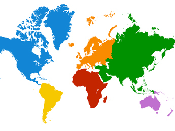 World Map with each contient in a different colour