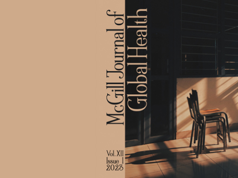 Cover image of the 2023 print edition of the McGill Journal of Global Health showing stacked chairs
