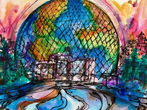 Cover of volume 14 issue 1 of the McGill Journal of Global Health showing artwork of the Montreal Biosphere overlayed over a globe behind an active river