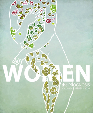 Prognosis volume 5 cover image: the word "women" over the decorated body of a woman on a green background