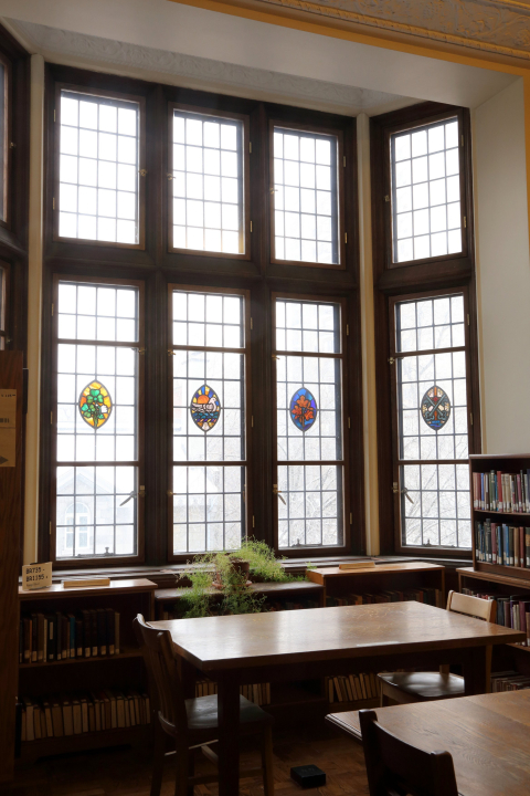 Stainglass windows in the Birks building