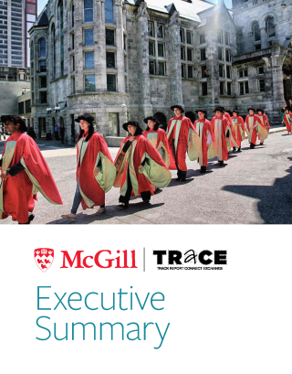 PhD graduates walk towards the convocation stage on the cover of the TRaCE McGill Executive Summary report