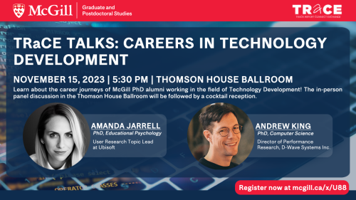 Promotional poster for the TRaCE Talk Careers in Technology Development