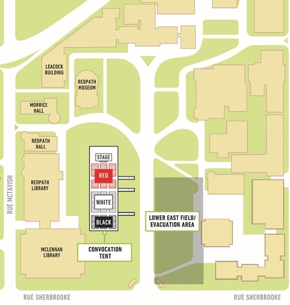 Map of main downtown campus area with seating areas of Convocation tent included