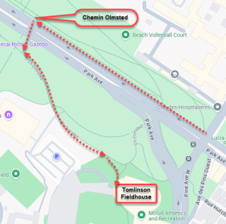 Map of directions to drive from Park avenue to Chemin Olmsted and to the Fieldhouse