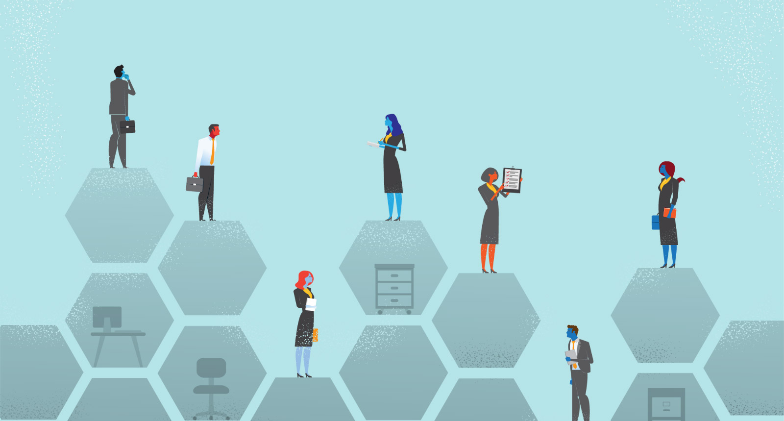 Blue hexagon illustration with business people