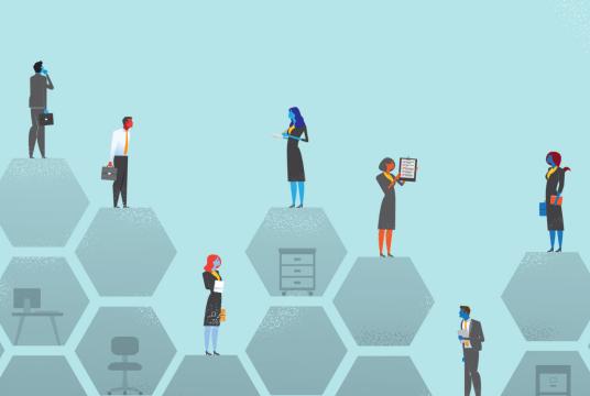 Blue hexagon illustration with business people