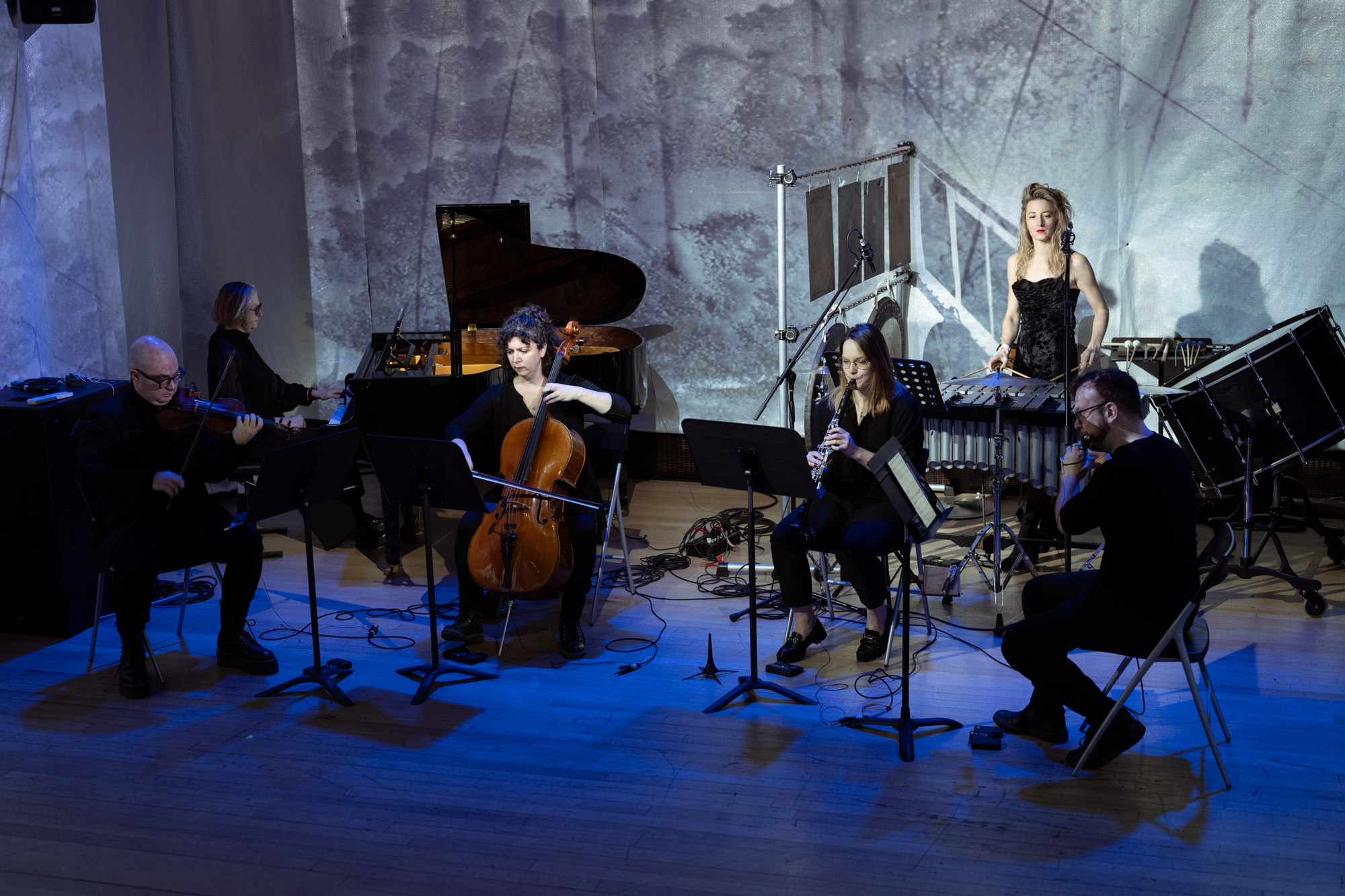 from left to right six person chamber music ensemble performing violin, piano, cello, clarinet, percussion and flute
