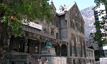 Front view of Strathcona Music Building, McGill University, with Elizabeth Wirth Music Building to the right