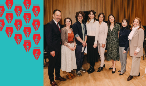 Turquoise background with Graham Sommer logo in a graphic pattern and photographs of the jury and first and second prize winners.