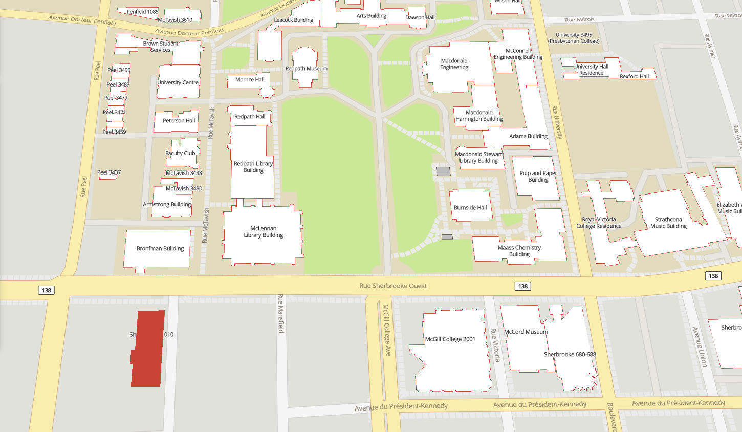 Map of the McGill University campus with 1010 Sherbrooke St. W. appearing in red.