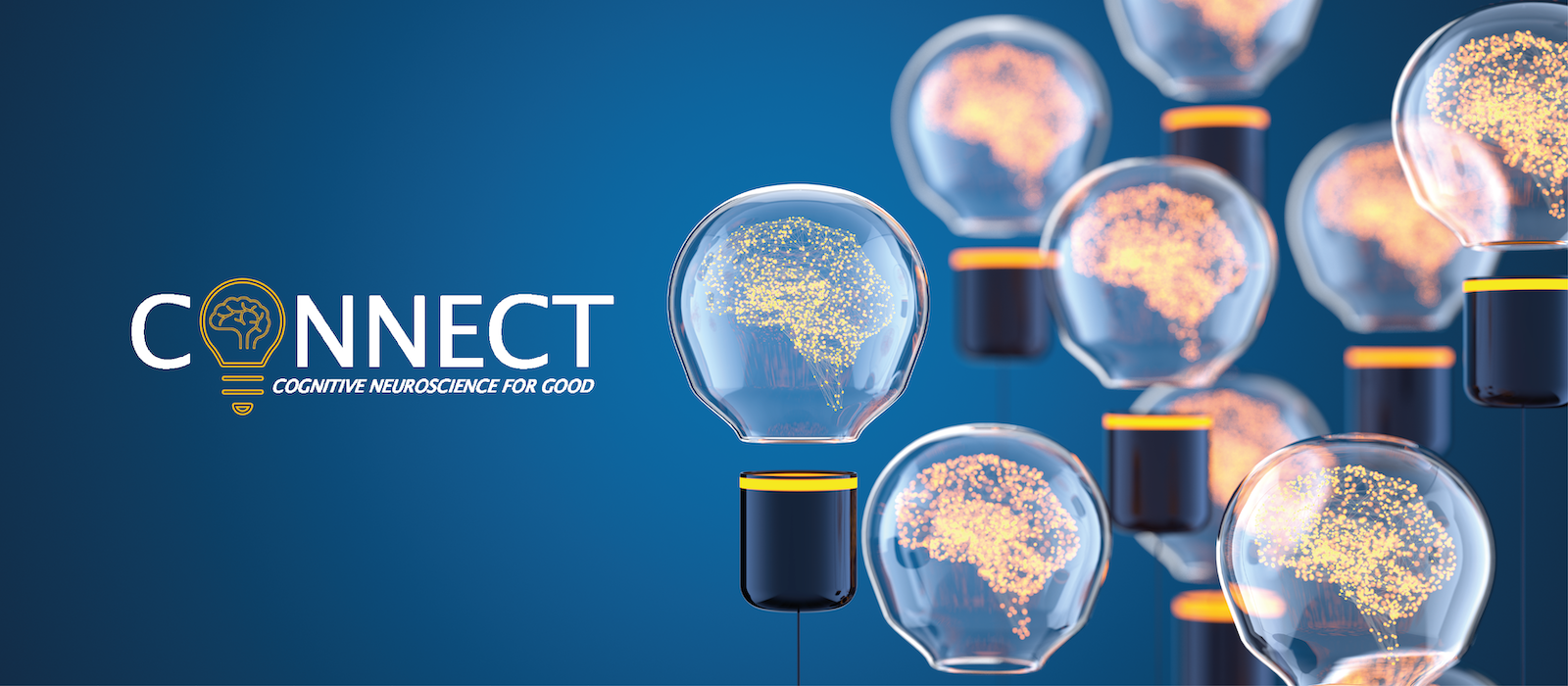 The CONNECT logo sits on a blue background to the left of several floating lightbulbs that contain luminous brain networks