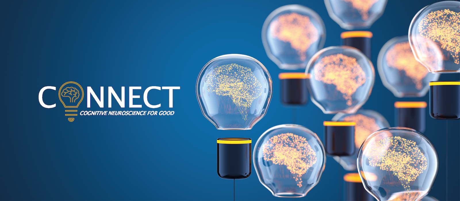 Lightbulbs containing luminescent brains hover over a blue background to the right of the CONNECT logo