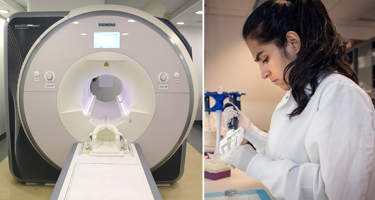 On the left, an open MRI machine. On the right, a researcher in a lab using a syringe and test tube.