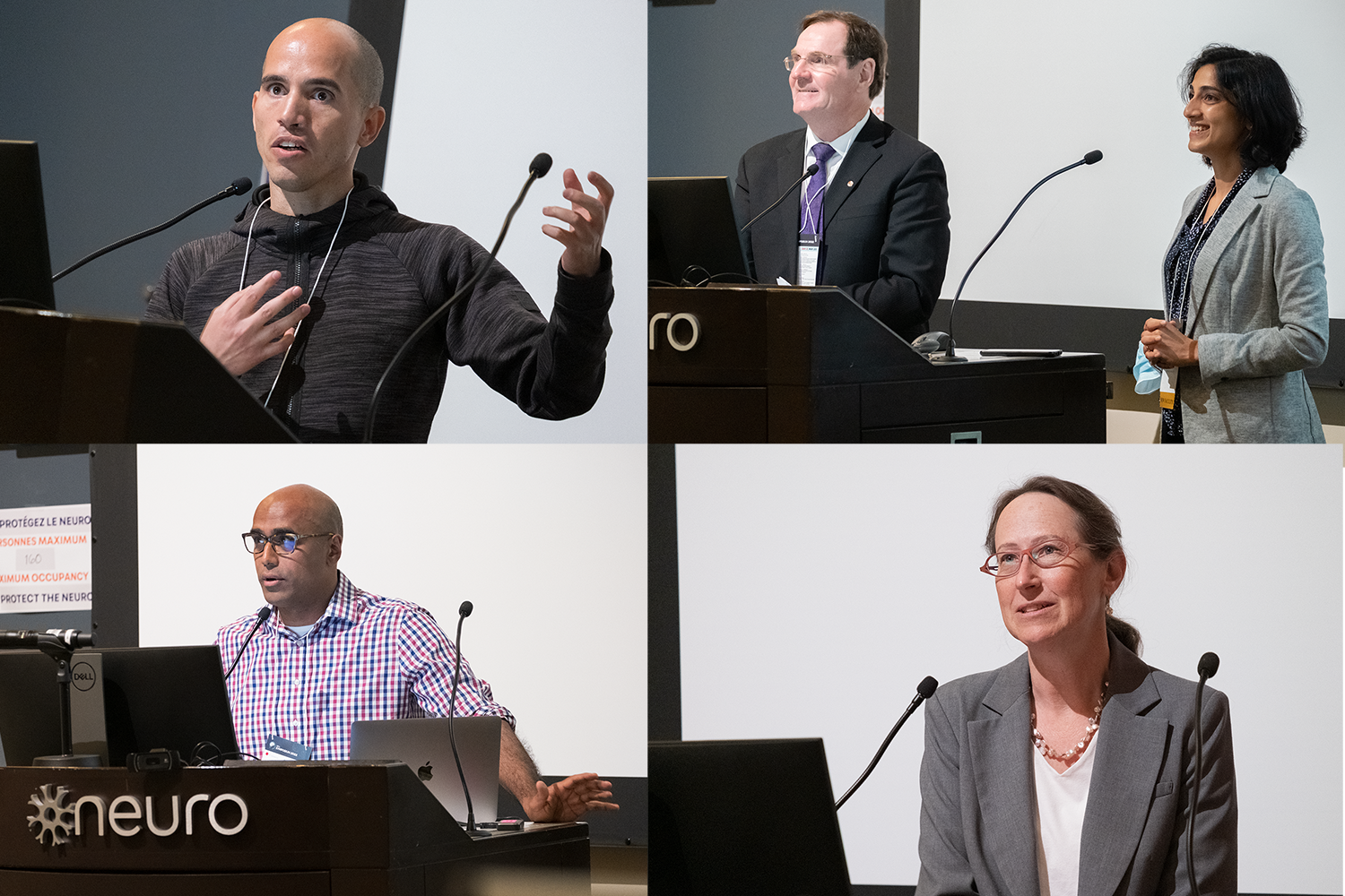 Four-panel composite image of researchers presenting on stage at last year's Symposium 