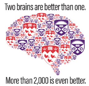 Human brain made of composite of McGill and Western badges. Text: "Two brains are better than one. More than 2,000 is even better."