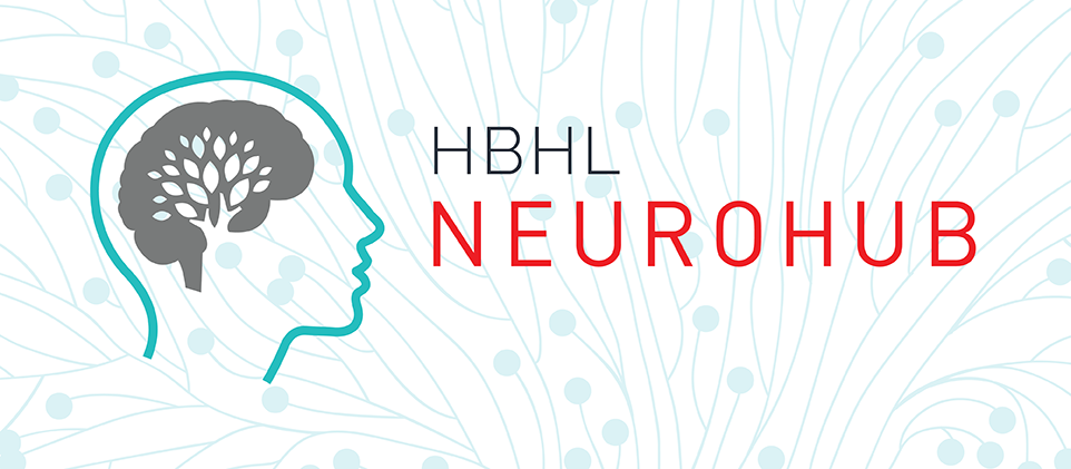 Blue vector head with grey vector art brain next to words NeuroHub