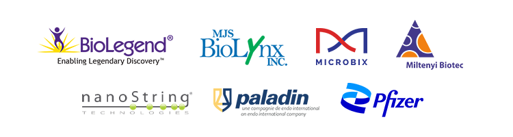 BioLegend, BioLynx, Microbix, Miltenyi Biotec, NanoString, Paladin and Pfizer logos