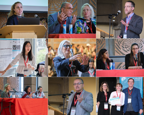 Collage of HBHL Symposium 2024 with multiple attendees at poster sessions and in the crowd, as well as speakers at the mic.