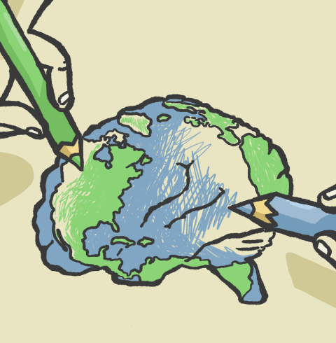 Sketch of a brain with the world map superimposed on its surface and hands holding pencils, colouring in this brain-map.