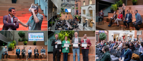 Collage of demo day: Participant wearing a VR headset, the full room during a pitch on stage, the audience, the panelists 