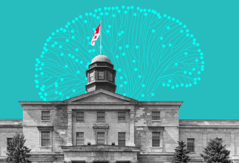 Black and white image of the McGill University Arts Building against a blue background with a vector art brain.