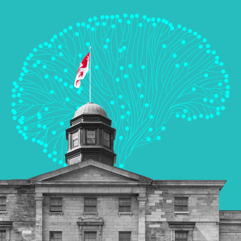 A McGill building in black and white, with the McGill white and red flag on top of it, on a light blue background with a nerve tree. 