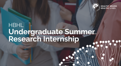 Banner text: HBHL Undergraduate Summer Research Internship. Image of students carrying books with dark overlay and white brain network in corner