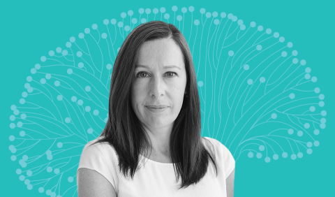 Headshots of Joanna Harding-Duggan, a certified coach specializing in ADHD and executive functioning, in black and wait over a light blue background with a vector nerve tree. 