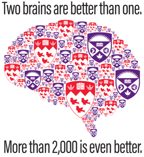 Visual of the logo of HBHL and BrainsCAN: McGill logos in the middle of the image, as well as Western University logos with the sentence "Two brains are better than one, more than 2,000 is even better" wrapped around them.