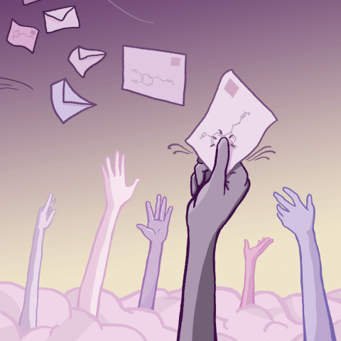 Illustration of hands emerging from a brain's surface, catching airborne envelopes with chemical structures drawn on them