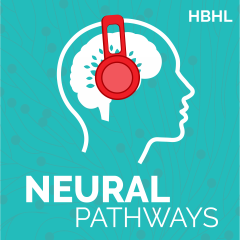 Visual of a head with a brain and headphones on a light blue background with the sentence "Neural Pathways" under it.