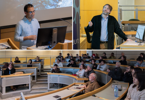 Collage: Paul Masset and Pouya Bashivan giving their presentation and an image of the audience. 