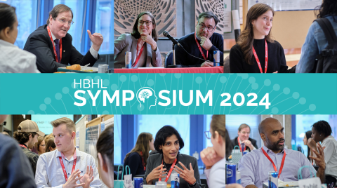 Symposium 2024 visual with collage of attendees partaking in lively conversations during the mentorship lunch and two panellists