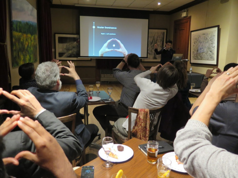Speaker and audience mimic a shape with their hands to discover their optical dominance