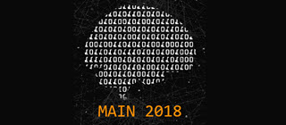 MAIN conference 2018 visual with a brain made out of numbers and the name MAIN 2018 in orange on a black background.