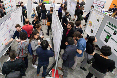 Top-down view of a hall where trainees are presenting to attendees during a poster session.