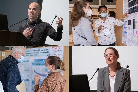 Montage of four photos from Symposium 2022 of speakers presenting (top left and bottom right) and people talking in front of research posters (top right and bottom left)