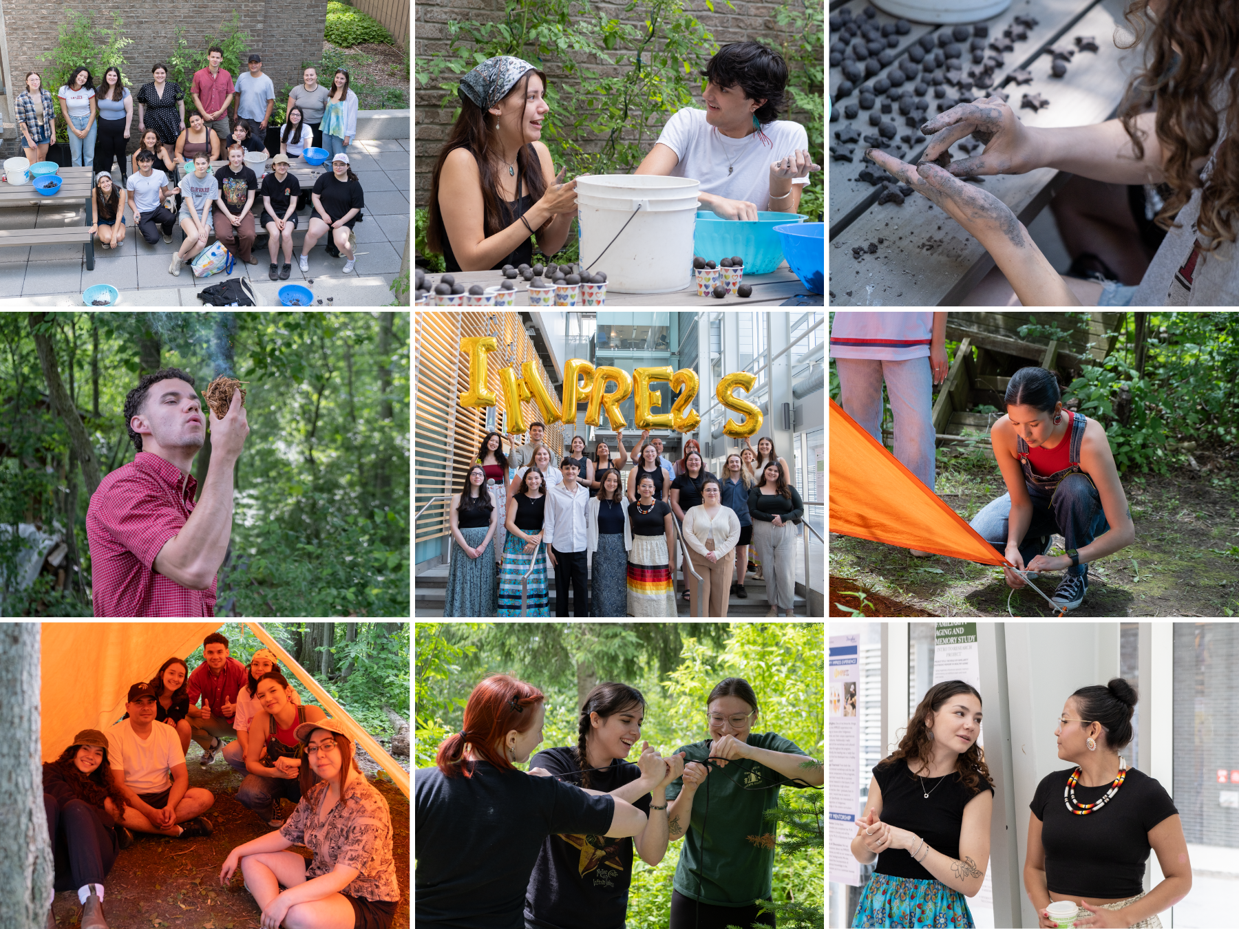 Collage of IMPRESS students at a survival workshop in Kahnawake and gardening at McGill, as well as the Research Day
