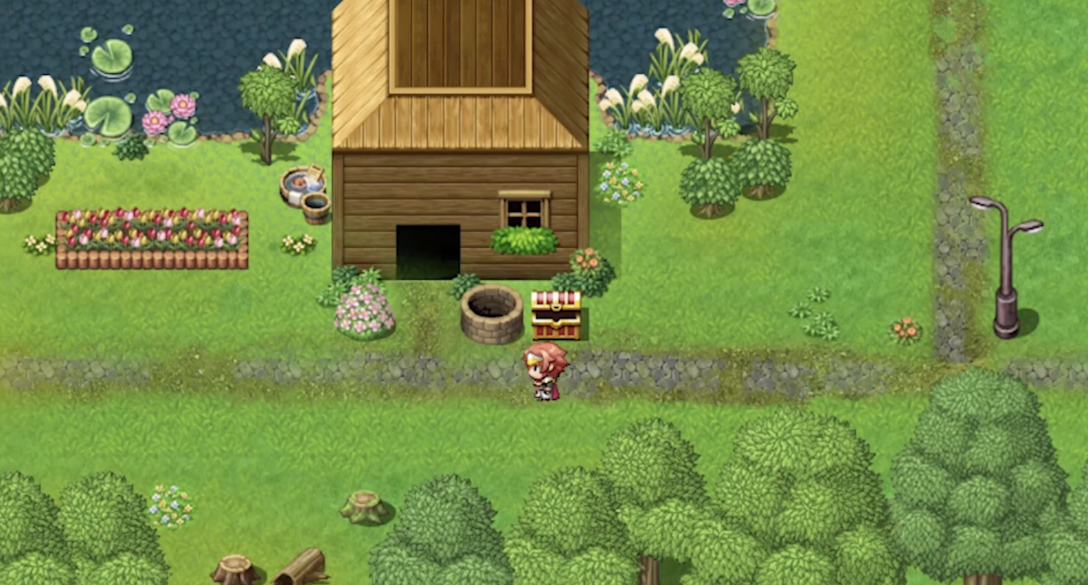 Screenshot of a video game with a character walking on a garden in front of a house