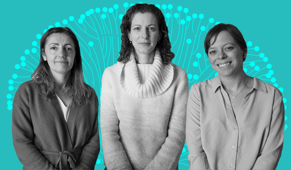 Three researchers in black and white above a turquoise background 