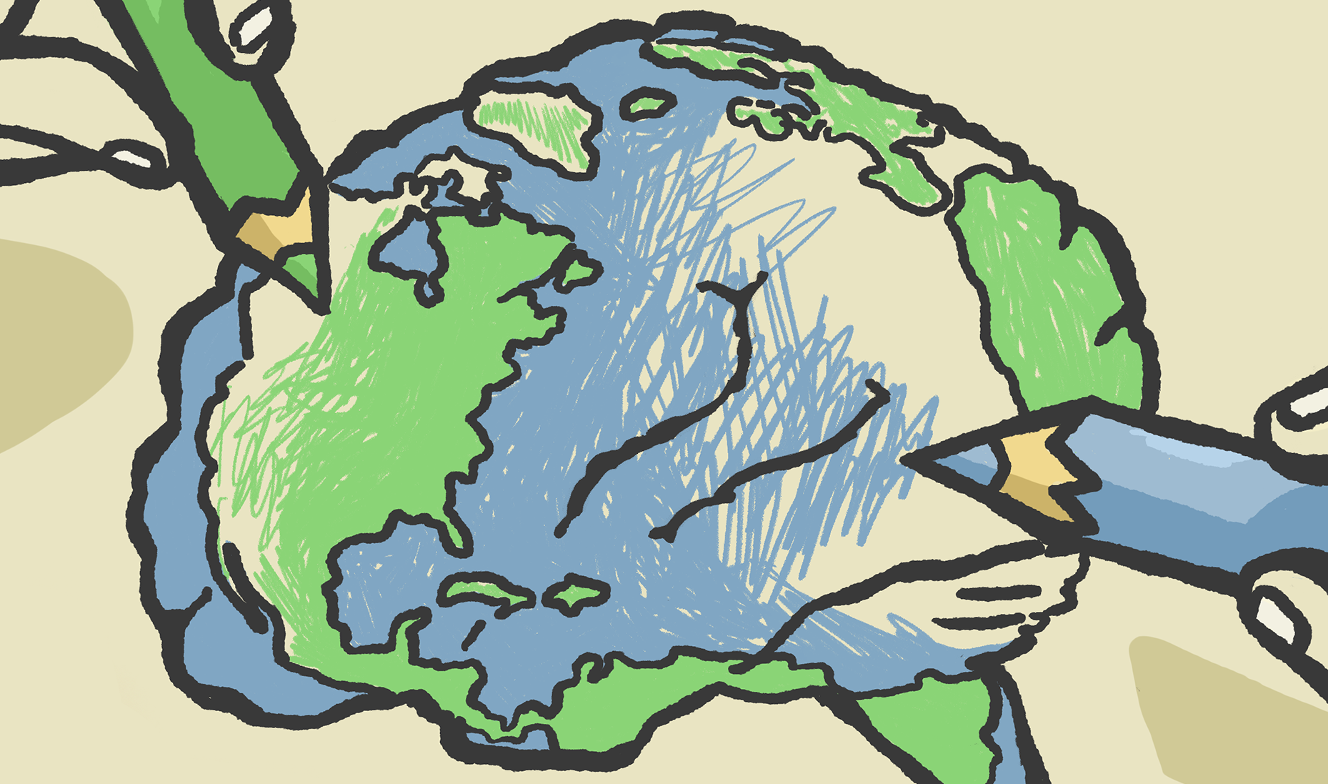 Two hands colouring in a world map drawn over an illustration of a brain