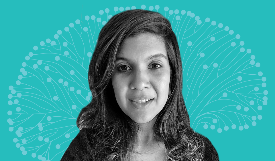 Suparna Choudhury cutout in black and white, on top of turquoise brain overlay background