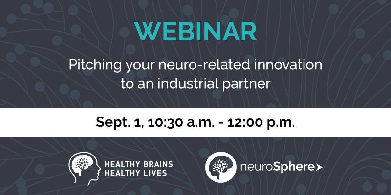 Grey banner. "Webinar: Pitching your neuro-related innovation to an industrial partner" in white text. Date of webinar displayed below.