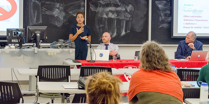 Caroline Hosatte-Ducassy (speaking), Louis Letellier de St-Just, and Nicholas King at the conference.