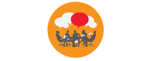 Silhouettes of people talking at a table. There are speech bubbles above them, implying an exchance of ideas and learning.
