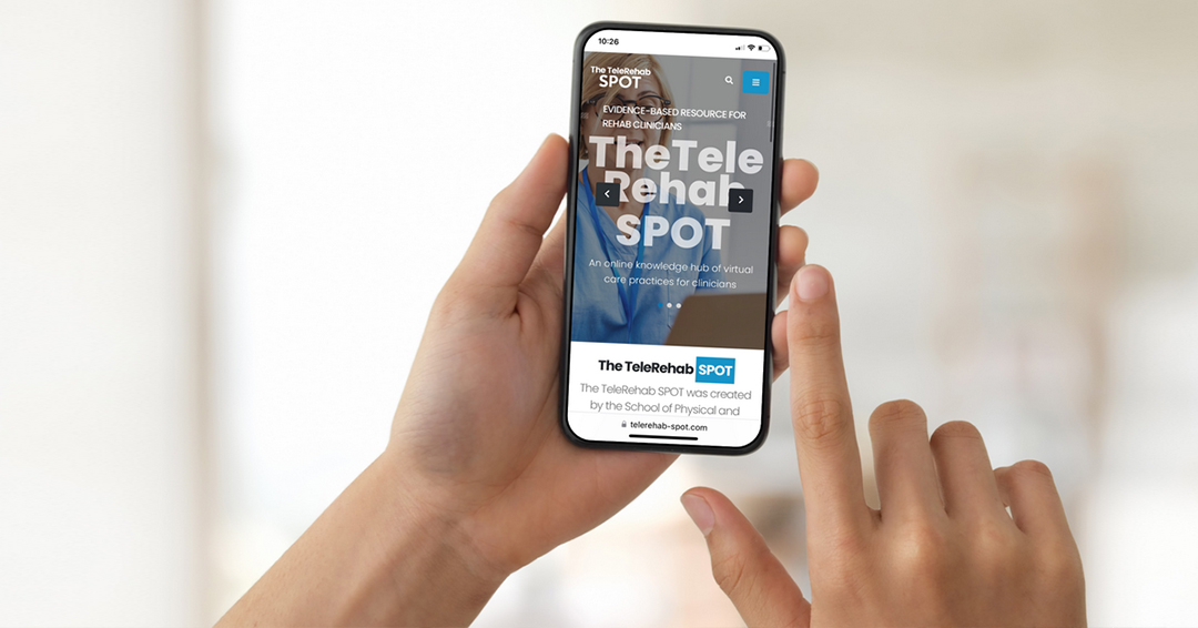A person uses The TeleRehab SPOT app on a smartphone